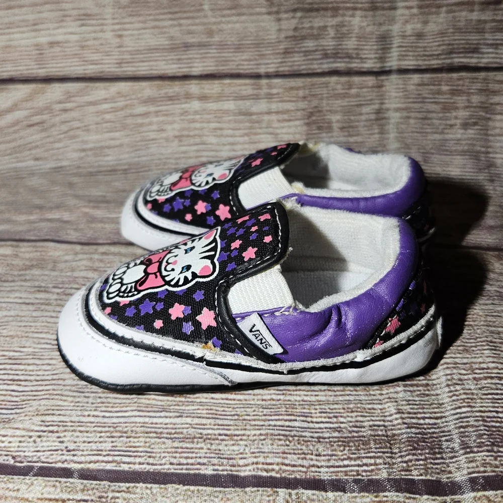Vans pink and purple stars and cats baby crib slip on shoes